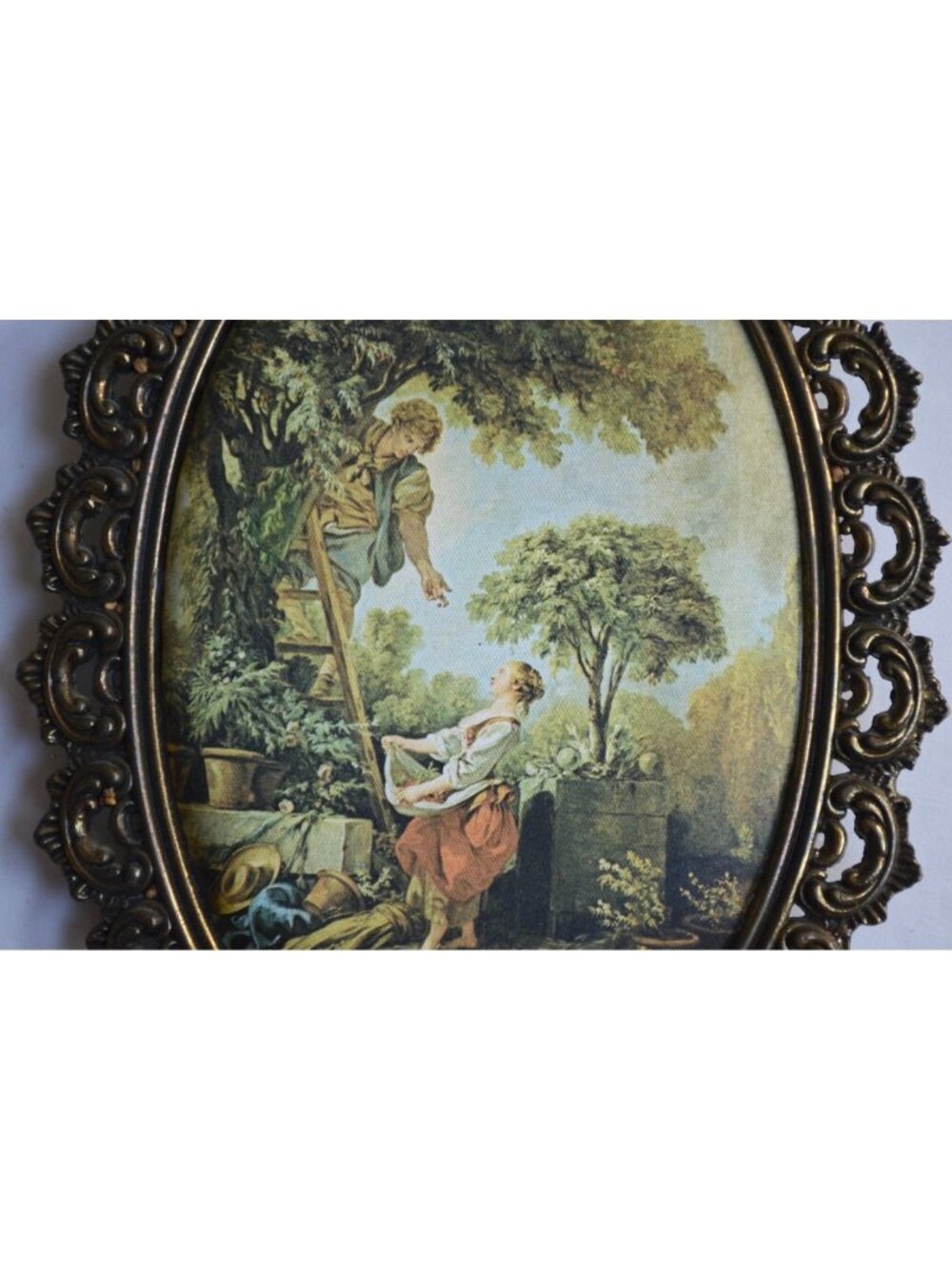 Ornate Metal Frame Silk Fabric Artwork Image Print Vintage Oval - Picture 4 of 5
